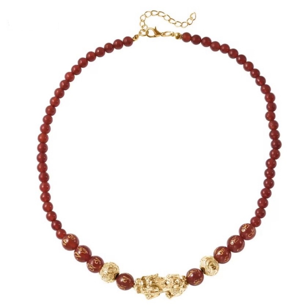 Feng Shui Red Agate Beaded Pi Xiu Necklace